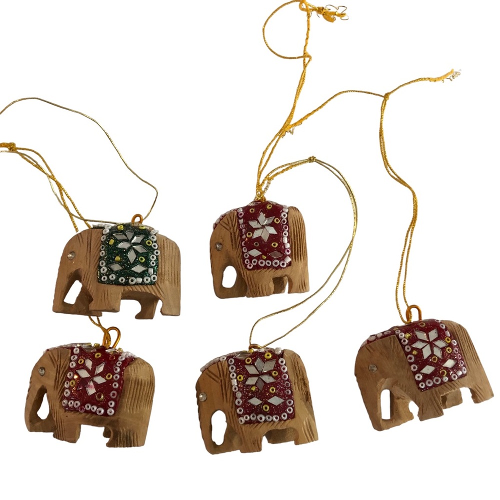 Hand Carved & Embellished Wooden Elephant Ornaments